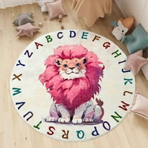 Lanpei Lion Rug Carpet, 4Ft Round Kids ABC Play Mat, Pink, Washable, Nonslip, Alphabet Safari Animal Design, Suitable for Gilrs Bedroom Playroom Nursery Classroom Decor