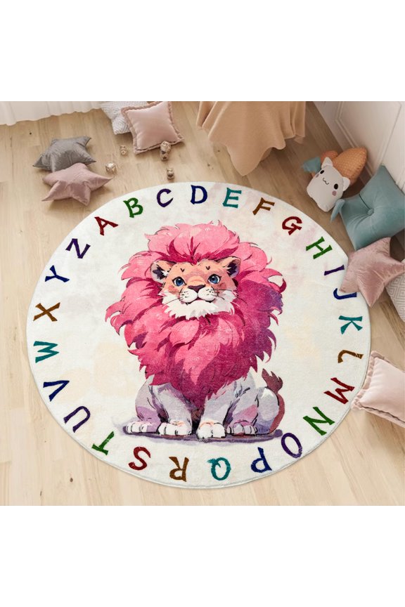 Lion Rug Carpet, 4Ft Round Kids ABC Play Mat, Pink, Washable, Nonslip, Alphabet Safari Animal Design, Suitable for Gilrs Bedroom Playroom Nursery Classroom Decor