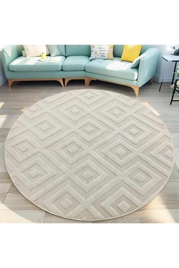 Modern Abstract Rug 5Ft Round Geometric Bedroom Carpet, Neutral Swirl Minimalist Design, High-Low Pile, Soft Nonslip Circle Floor Mat for Living Room Bedroom Farmhouse Kids Room, Light Coffee