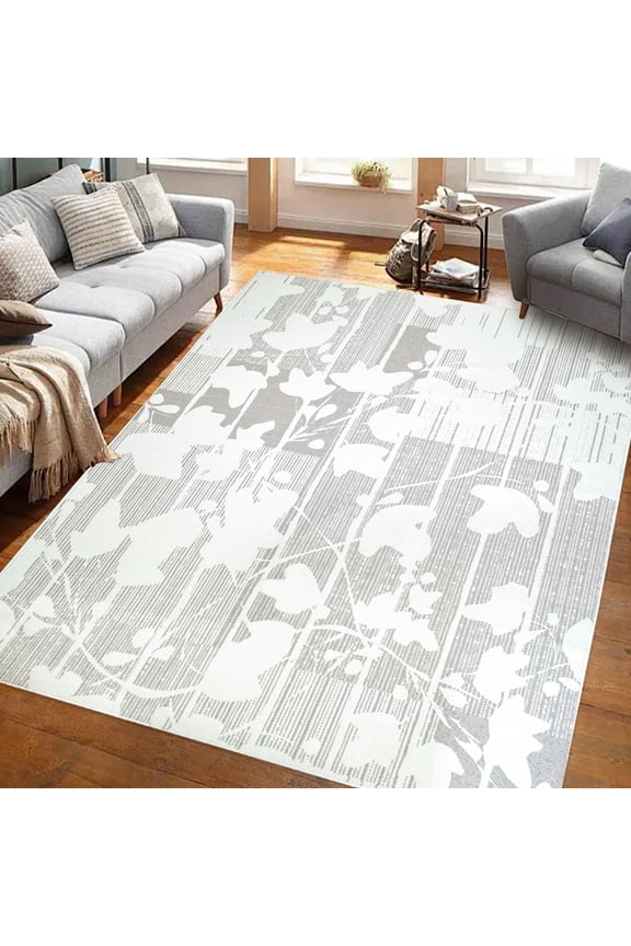 Modern Rug Boho Leaf Carpet for Bedroom Living Room 5x6.6Ft Large Grey Plants Area Rug Soft Washable Trendy Rug Entrance Dorm Office Locker Room Indoor Floor Mat for Home Decor, Grey/White