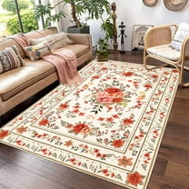Lanpei Red Floral Rug for Girls Kids Bedroom 4x6Ft Vintage Flower Carpet for Living Room Farmhouse Nonslip Boho Floor Mat for Indoor Home Decor Soft Rustic Rug Washable Bedside Rug, Multicolor