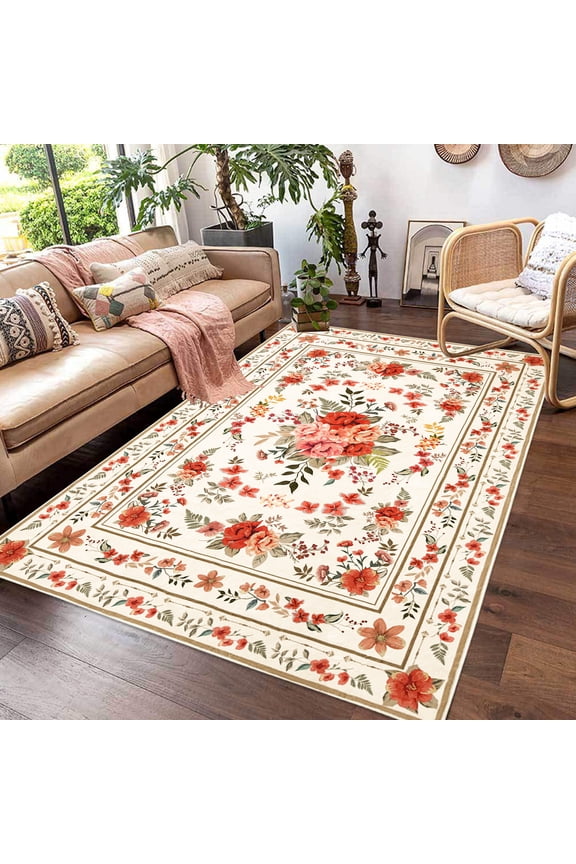 Red Floral Rug for Girls Kids Bedroom 4x6Ft Vintage Flower Carpet for Living Room Farmhouse Nonslip Boho Floor Mat for Indoor Home Decor Soft Rustic Rug Washable Bedside Rug, Multicolor