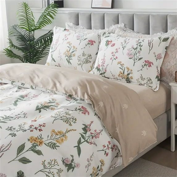 Lanpei Shabby Floral Duvet Cover Set Queen, 100% Cotton Elegant Chic Farmhouse Bedding Set, Soft Breathable Ultra Cozy Botanical Comforter Cover Set With Zipper (1 Comforter Cover + 2 Pillow Shams)