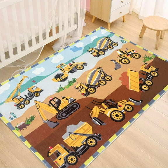Lanpei Vehicle Kids Play Rug Car Carpet 3x5Ft Digger Truck Boys Bedroom Rug Children Playtime Mat Soft Game Rug Construction Engineering Playroom Rug, Easy Washable Nursery Rug