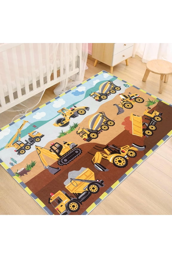 Vehicle Kids Play Rug Car Carpet 3x5Ft Digger Truck Boys Bedroom Rug Children Playtime Mat Soft Game Rug Construction Engineering Playroom Rug, Easy Washable Nursery Rug