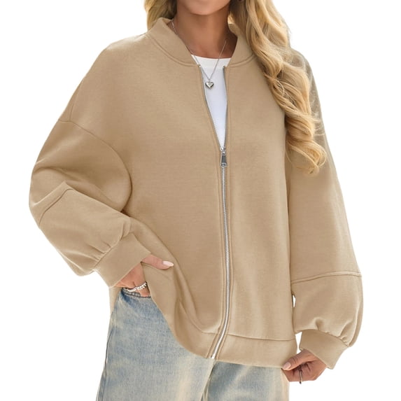 Lanrern Sleeve Solid Color Women Zipper Up Bomber Jacket Coat