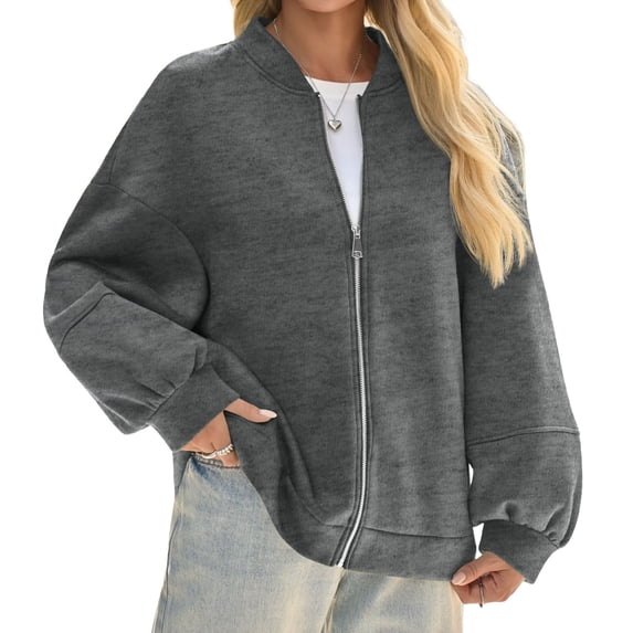 Lanrern Sleeve Solid Color Women Zipper Up Bomber Jacket Coat