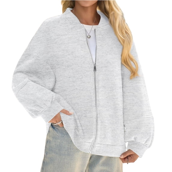 Lanrern Sleeve Solid Color Women Zipper Up Bomber Jacket Coat