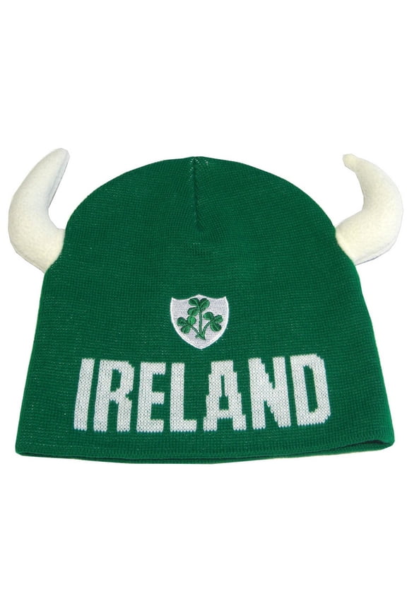 Ireland Crest Knit Beanie Hat with Viking Horns Green Colour