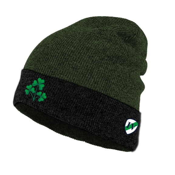 Lansdowne Men's Two-Tone Style Black/Green Shamrock Turn Up Knit Beanie Hat -One Size