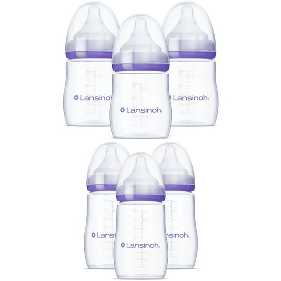 Lansinoh Anti-Colic Baby Bottles for Breastfeeding Babies, 5oz & 8oz, 3ct Each, 6 Bottles Total, Includes Slow Flow Nipples, Size S, and Medium Flow Nipples, Size M