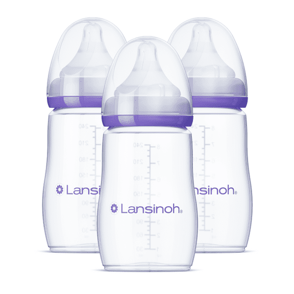 Lansinoh Anti-Colic Baby Bottles for Breastfeeding Babies, 8 fl oz, 3 Medium Flow Nipples