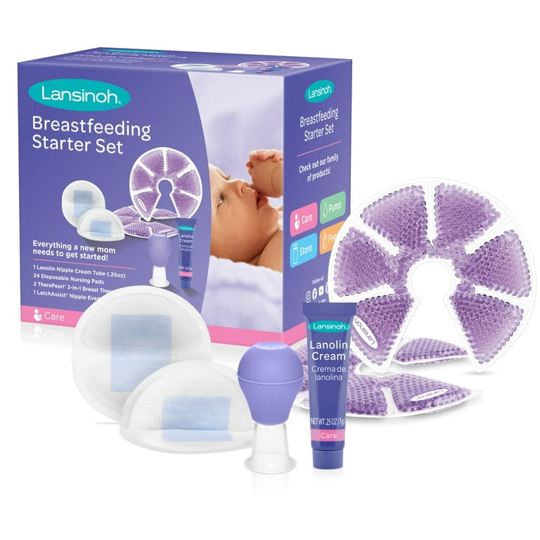 Lansinoh Breastfeeding Starter Set, Contains: 24 disposable Nursing Pads, 1  LatchAssist Nipple Everter, 2 TheraPearl Packs, 1 Lanolin Nipple Cream Tube  0.25 oz. 