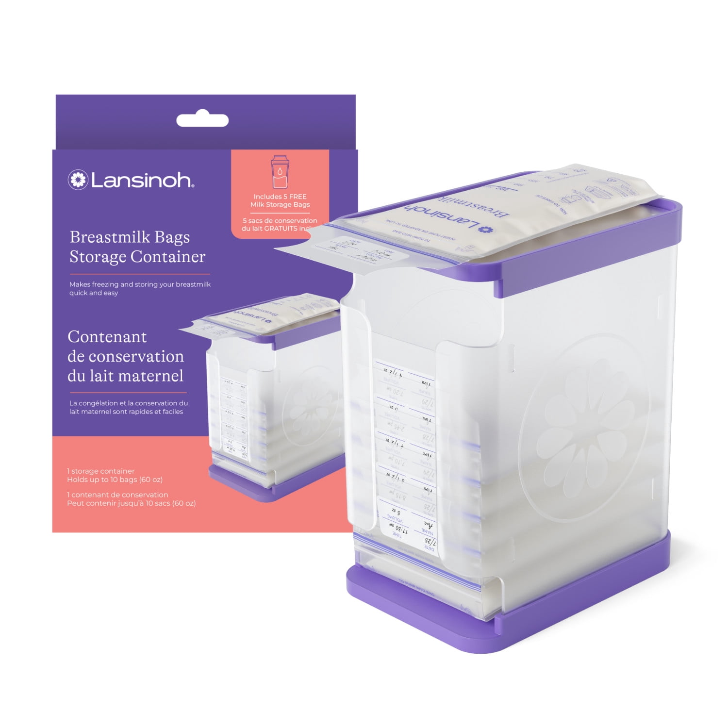 Lansinoh Breast Milk Storage Container, Freezer Organizer, Holds 10 Milk Bags, Includes 5