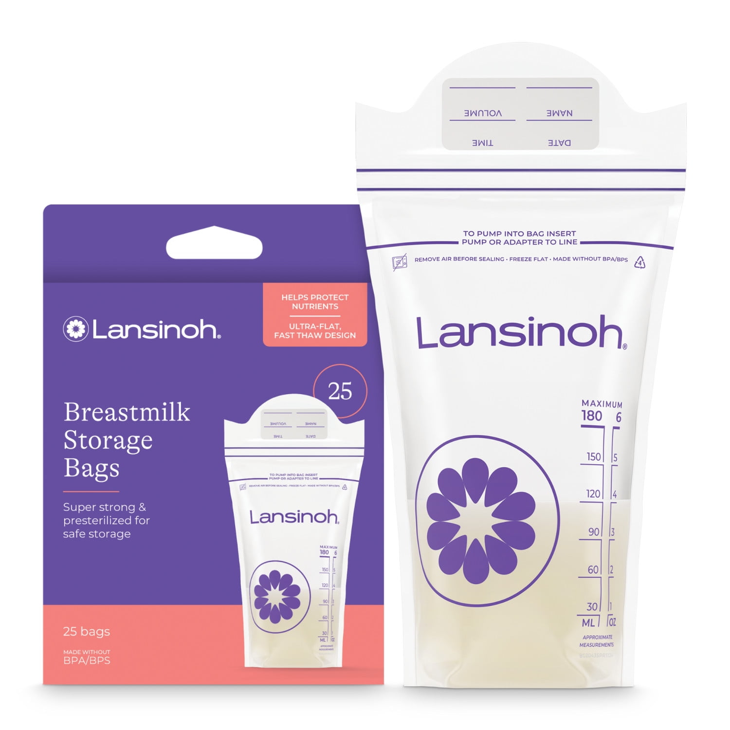 Lansinoh Breast Milk Storage Bags, Pre-Sterilized, Fast Freeze & Thaw, 25 Count, 6 oz