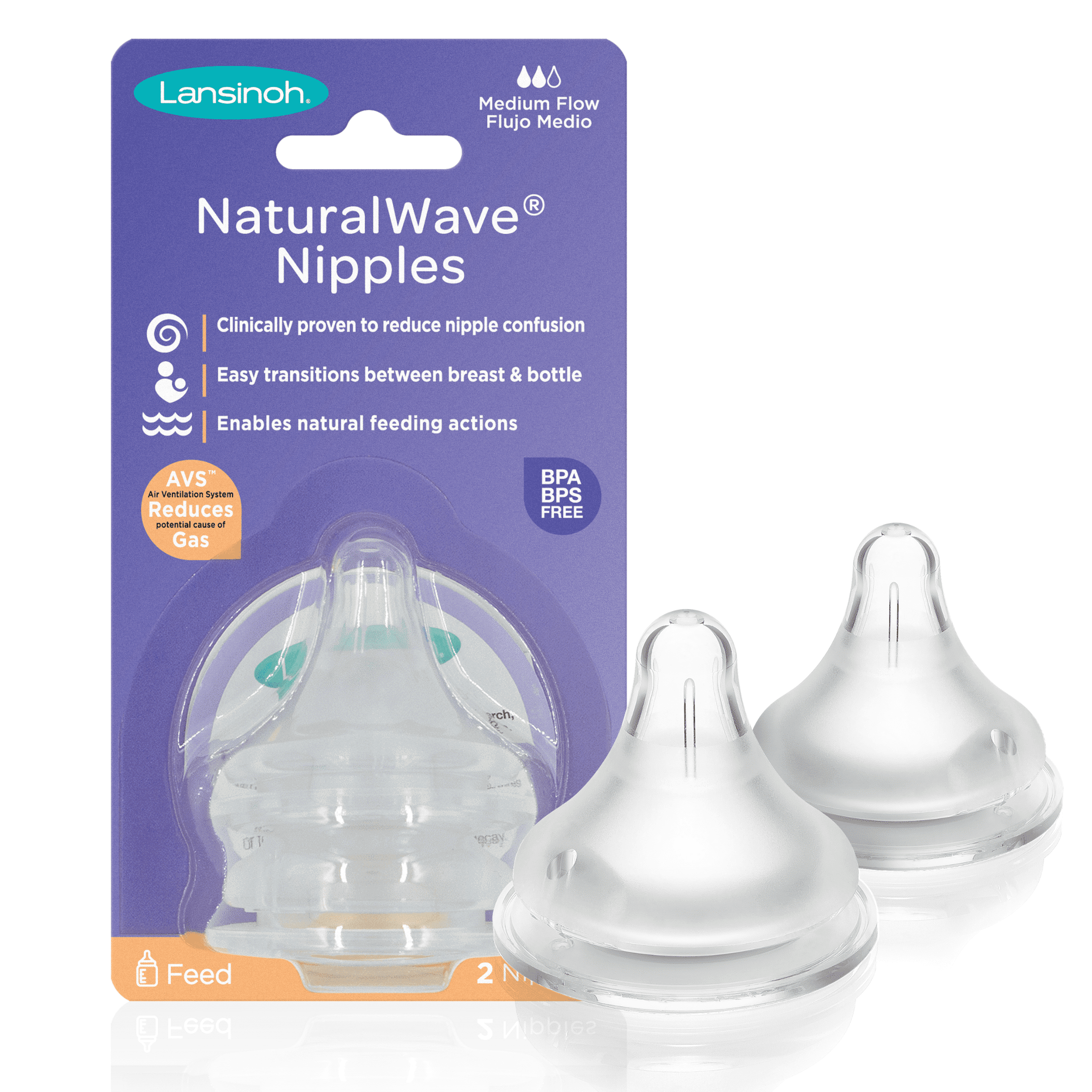 Lansinoh NaturalWave Baby Bottle Nipples, Medium Flow, 2 Ct 