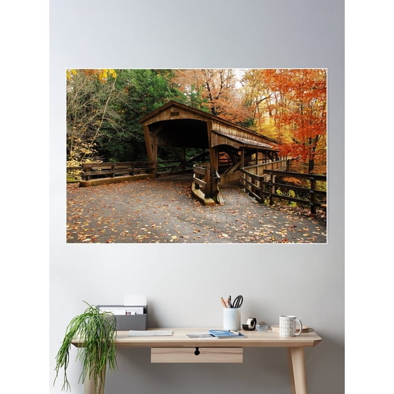 Lantermans Mill Bridge In Fall Poster Wall Art, Modern Wall Decor For Living Room Bedroom, 8x12 UNFRAMED