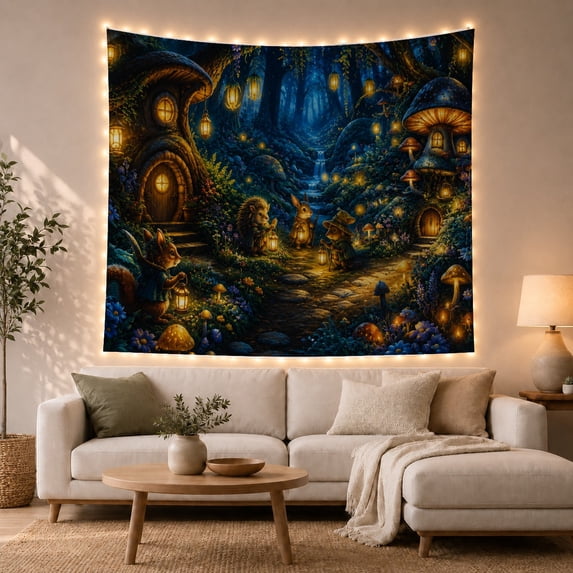 Lantern Animal Forest Path with Mushroom House and Waterfall, Cozy Fantasy Style for Animal Lovers, Wall Decor, Housewarming Gift, Tapestry Wall Hanging for Bedroom and Dorm