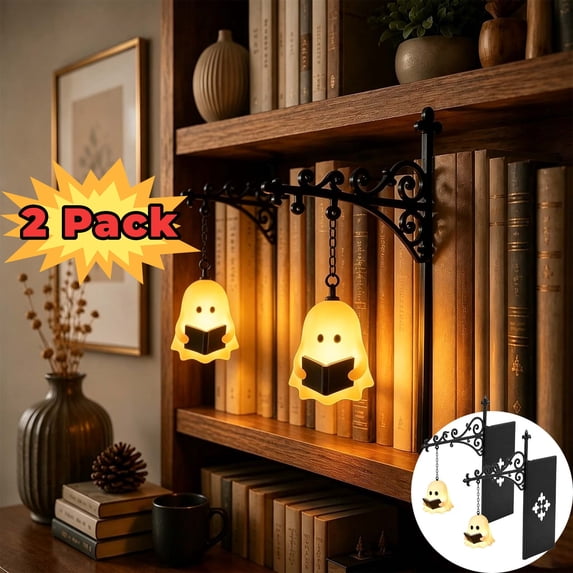 Lantern Book Nook Light, Decorative Bookshelf Lighting, Mini Bookshelf Lamp Slides Between Books, Warm Amber LED Bookshelf Lights for Book Nook, Shelf Decor Gift for Book Lovers, Ghost, 2 Pack