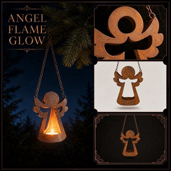 Lantern Candle Holder, Metal Wall Decor, Vintage Hanging Lantern, Gothic Wall Decor, Angel Shaped Rusted Votive Candle Holder Pendant, 14X4.5 in Spiritual Accent for Porch Wall,