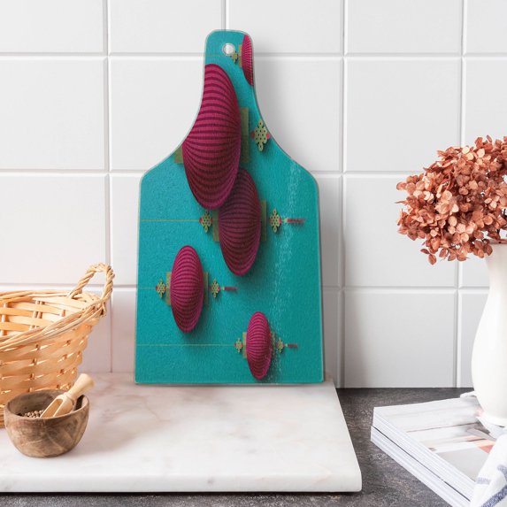 Lantern Cutting Board, Chuseok Chinese New Year Traditional Celebration Mid Autumn Festival, Decorative Tempered Glass Cutting and Serving Board, Wine Bottle Shape, Sky Blue Dark Coral, by Ambesonne