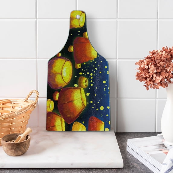 Lantern Cutting Board, Floating Fanoos Like Devices on Sky Auspicious Culture Chinese, Decorative Tempered Glass Cutting and Serving Board, Wine Bottle Shape, Dark Blue Orange, by Ambesonne