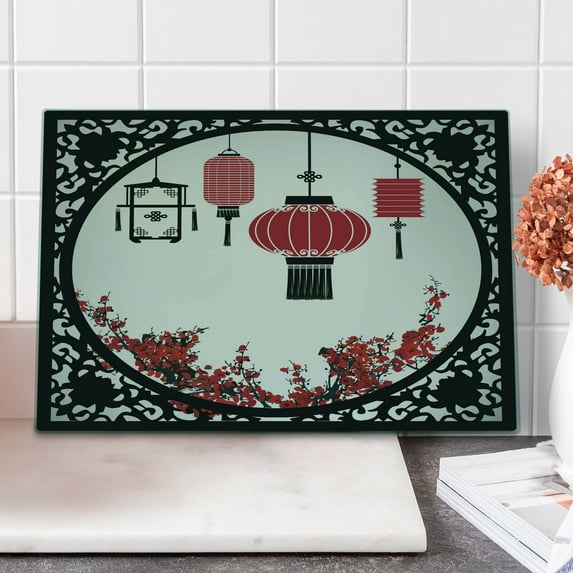Lantern Cutting Board, Lanterns with Japanese Sakura Cherry Blossom Trees Round Ornate Graphic, Decorative Tempered Glass Cutting and Serving Board, Large Size, Red Beige Black, by Ambesonne