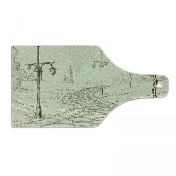 Lantern Cutting Board, Park Alley with Stone Road and Lanterns at Night Time Areas Sketch Style, Decorative Tempered Glass Cutting and Serving Board, Wine Bottle Shape, Beige Red, by Ambesonne