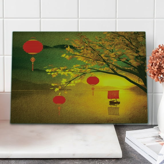 Lantern Cutting Board, Traditional Chinese Lanterns Hanging from Pale Fall Trees Lake Faded Nature Photo, Decorative Tempered Glass Cutting and Serving Board, Large Size, Multicolor, by Ambesonne