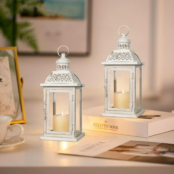Lantern Decorative Indoor&Outdoor, 2 Pack 14.4'' Large Metal Candle Lanterns, Vintage Hanging Candle Holders for Farmhouse Wedding Front Porch , Halloween Christmas Decorations for Home