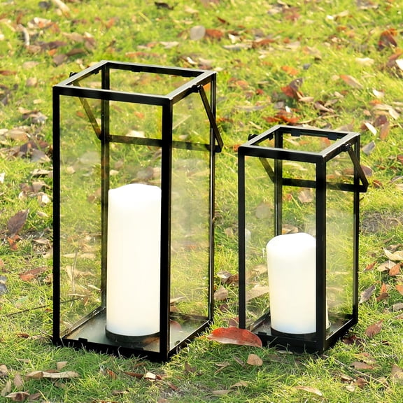 Lantern Decorative Outdoor & Indoor, 14.3'' & 11''H Metal Candle Lanterns Decor, Vintage Hanging Candle Holder for Front Porch Patio Wedding Farmhouse Home, Spring Decoration