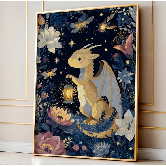 Lantern Dragon Art Print Whimsical Cottagecore Nursery Decor Fantasy Wall Cute Magical Creature, Stretched Canvas 16x20in