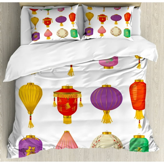 Lantern Duvet Cover Set Queen Size, Chinese Celebration Asian Culture Far East New Year Cartoon Style Festival Tassels, Decorative 3 Piece Bedding Set with 2 Pillow Shams, Multicolor, by Ambesonne
