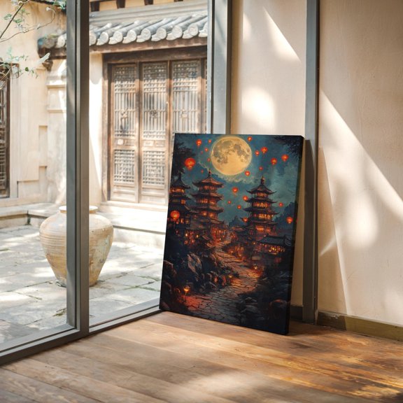 Lantern Festival Nightscape - Glowing Pagodas, Full Moon & Floating Lanterns Wall Art For Tranquil Home Decor Wall Art, Modern Wall Decor, 24x36 UNFRAMED