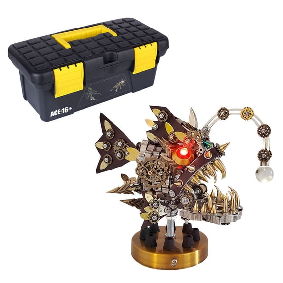 Lantern Fish Model Kit with LED Lights, 3D Metal Puzzle for Adults, DIY Steampunk Anglerfish, 700+ PCS, 7-Color Light, Articulated Jaw, Desk Decor & Holiday Gift