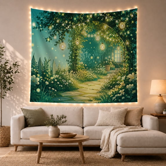 Lantern Garden Path to a Cottage Doorway, Cozy Illustration for Cottagecore Fans, Garden Wall Art, Housewarming Gift, Tapestry Wall Hanging for Bedroom and Living Room