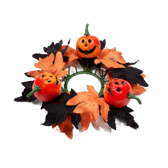 Lantern Halloween Candle Ring, Artificial Pumpkin Maple Leaf Candle Wreath for Party Home Fall Decor(A)