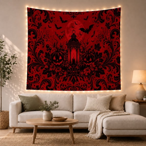 Lantern Between Jack-O-Lanterns Beneath Red Moon and Bats, Spooky Gothic for Dark Art Lovers, Seasonal Harvest Decor, Halloween Gift, Tapestry Wall Hanging for Den and Dorm