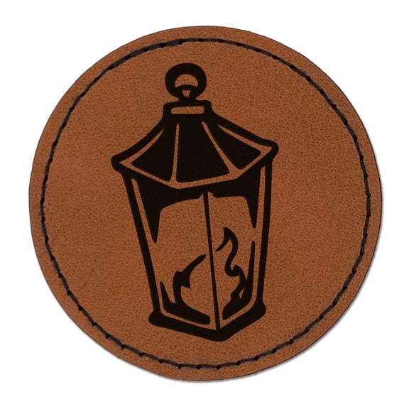 Lantern Lamp with Fire 2.5" Faux Leather Round Engraved Iron-On Patch - Brown