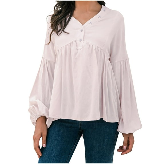 Lantern Long Sleeve Button up V Neck Shirts for Women Henley Dressy Casual Pleated Tunic Tops Blouse for Leggings