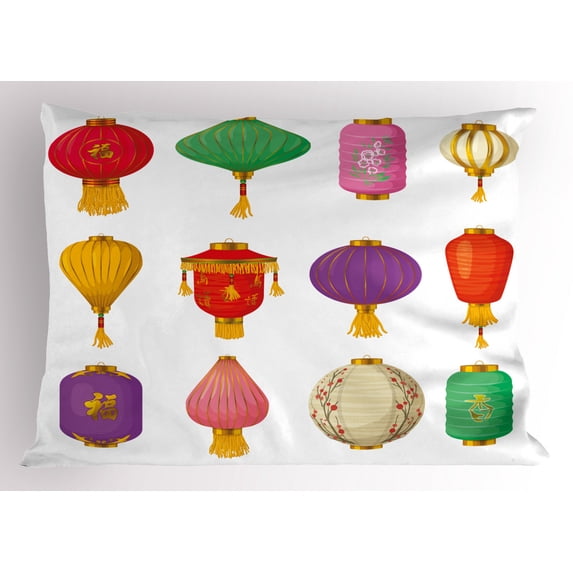 Lantern Pillow Sham Chinese Celebration Asian Culture Far East New Year Cartoon Style Festival Tassels, Decorative Standard Queen Size Printed Pillowcase, 30 X 20 Inches, Multicolor, by Ambesonne
