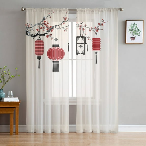 Lantern Plum Blossom Retro Gauze Curtains For Children's Bedroom Kitchen Screen For Living Room Holiday r Voile Curtain