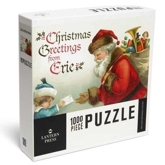 Lantern Press 1000 Piece Jigsaw Puzzle, Christmas Greetings from Erie, Santa Getting Letter