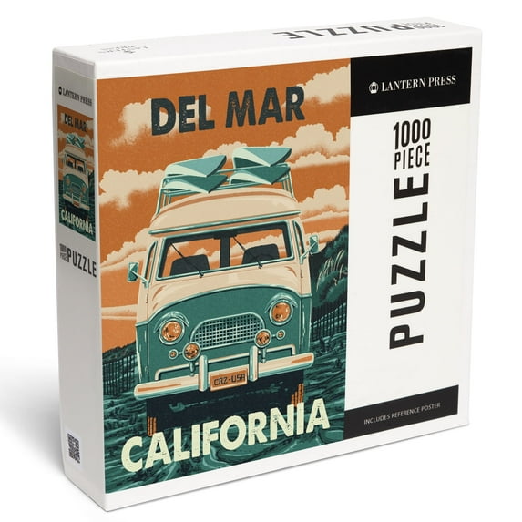 Lantern Press 1000 Piece Jigsaw Puzzle, Del Mar, California, Letterpress, Camper Van, Beach