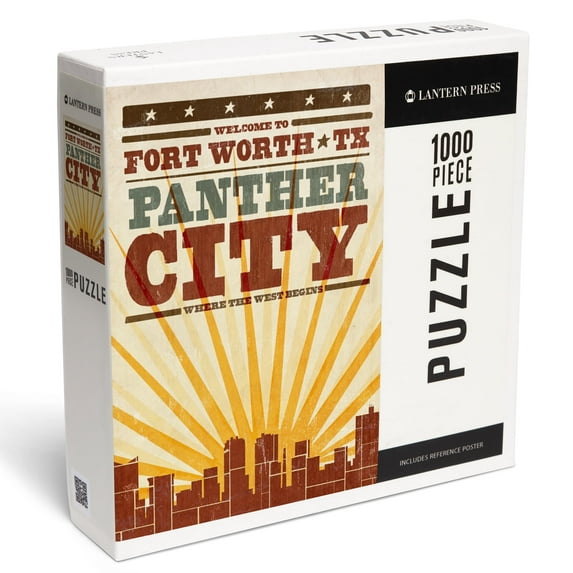 Lantern Press 1000 Piece Jigsaw Puzzle, Fort Worth, Texas, Skyline and Sunburst Screenprint Style