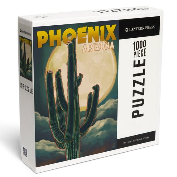 Lantern Press 1000 Piece Jigsaw Puzzle, Phoenix, Arizona, Cactus and Full Moon