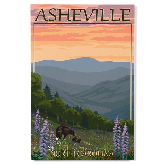 Lantern Press 12x18 Inch Premium Wood Sign, Ready to Hang Wall Decor, Asheville, North Carolina, Bear and Cubs with Flowers