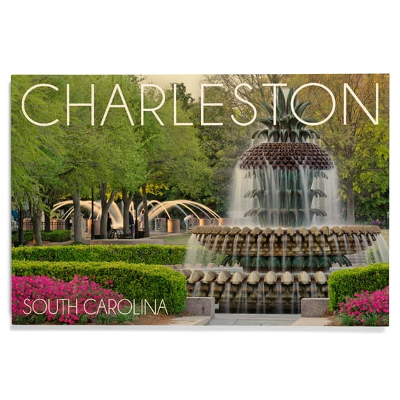 Lantern Press 12x18 Inch Premium Wood Sign, Ready to Hang Wall Decor, Charleston, South Carolina, Pineapple Fountain