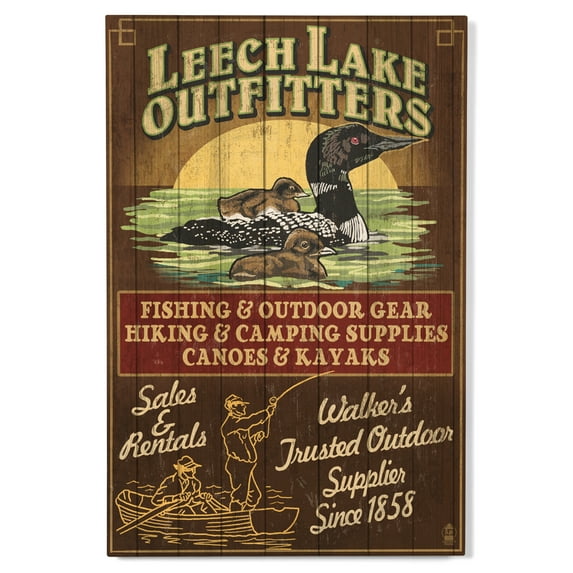 Lantern Press 12x18 Inch Premium Wood Sign, Ready to Hang Wall Decor, Minnesota, Leech Lake Outfitters Loon Vintage Sign