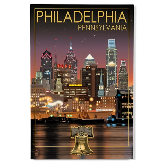 Lantern Press 12x18 Inch Premium Wood Sign, Ready to Hang Wall Decor, Philadelphia, Pennsylvania, Photography, Skyline at Night